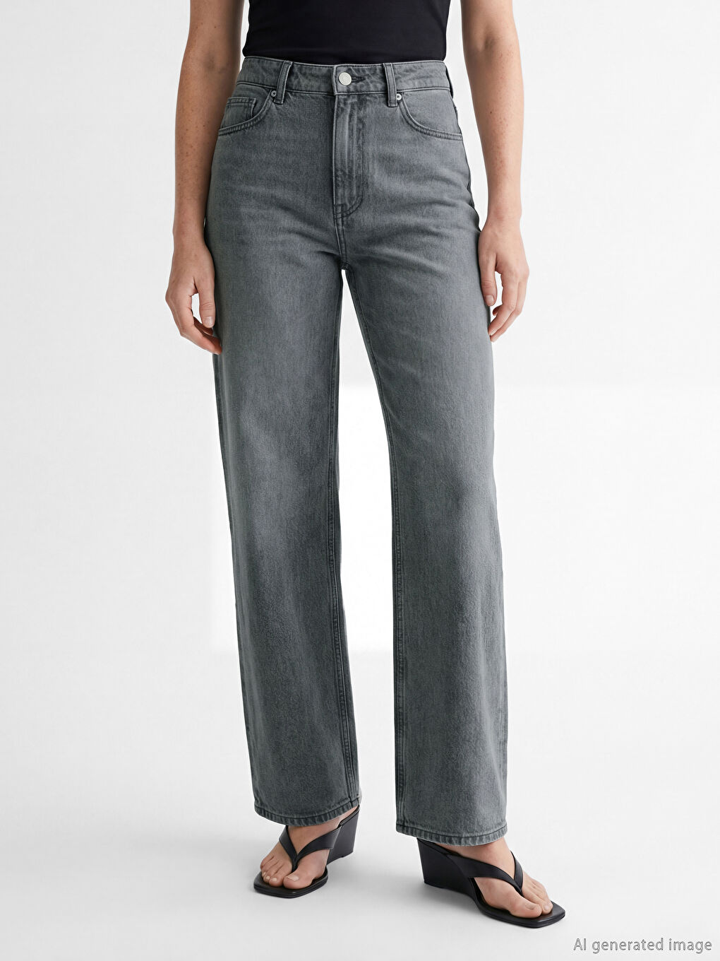 Antrasit Yüksek Bel Wideleg Kadın Jean Pantolon-2