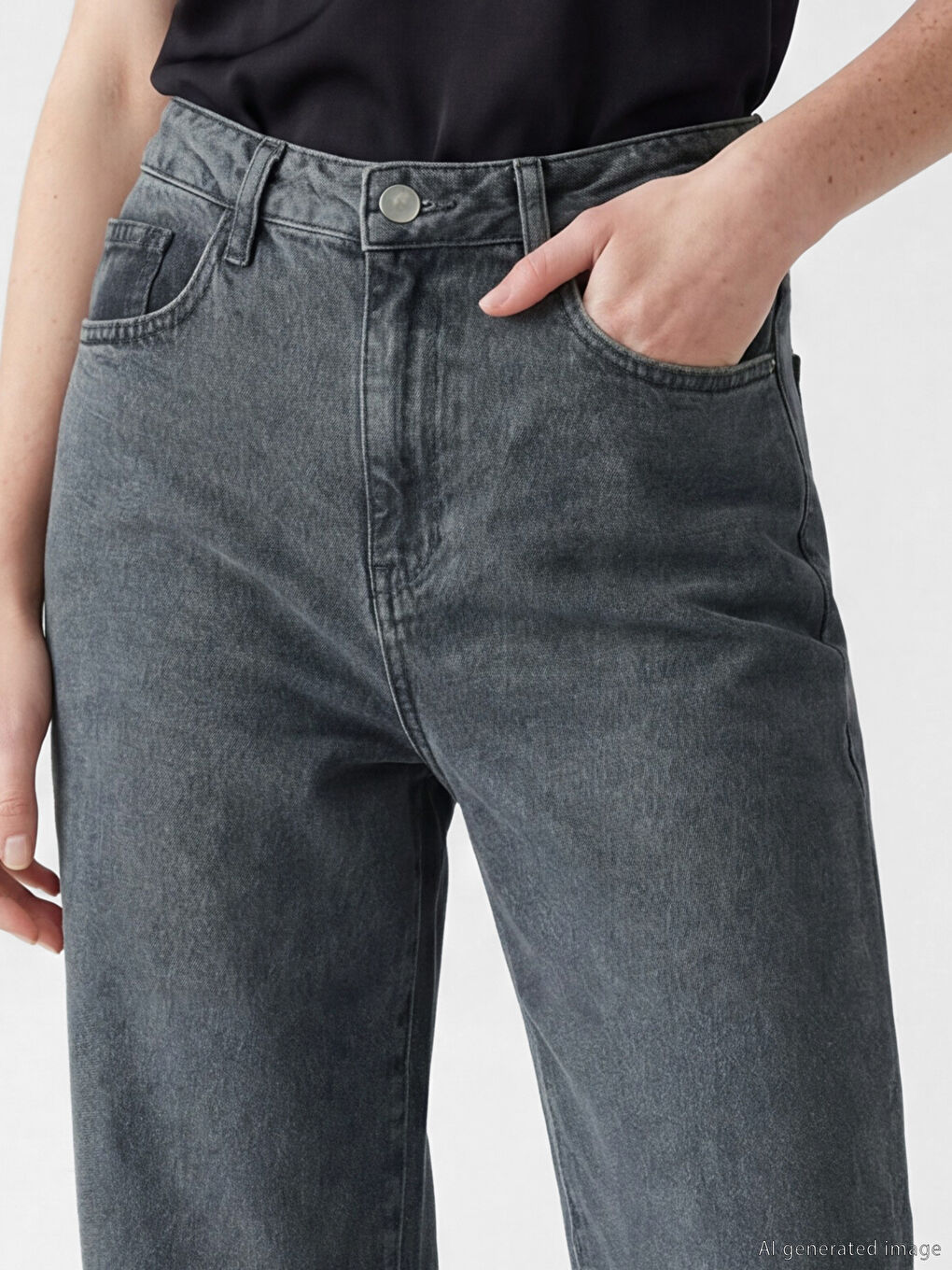 Antrasit Yüksek Bel Wideleg Kadın Jean Pantolon-3