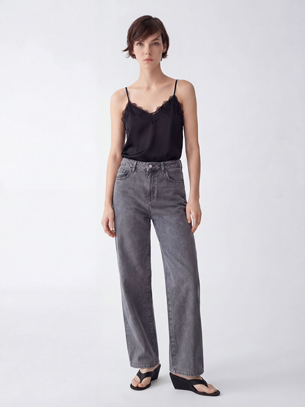 Antrasit Yüksek Bel Wideleg Kadın Jean Pantolon-1