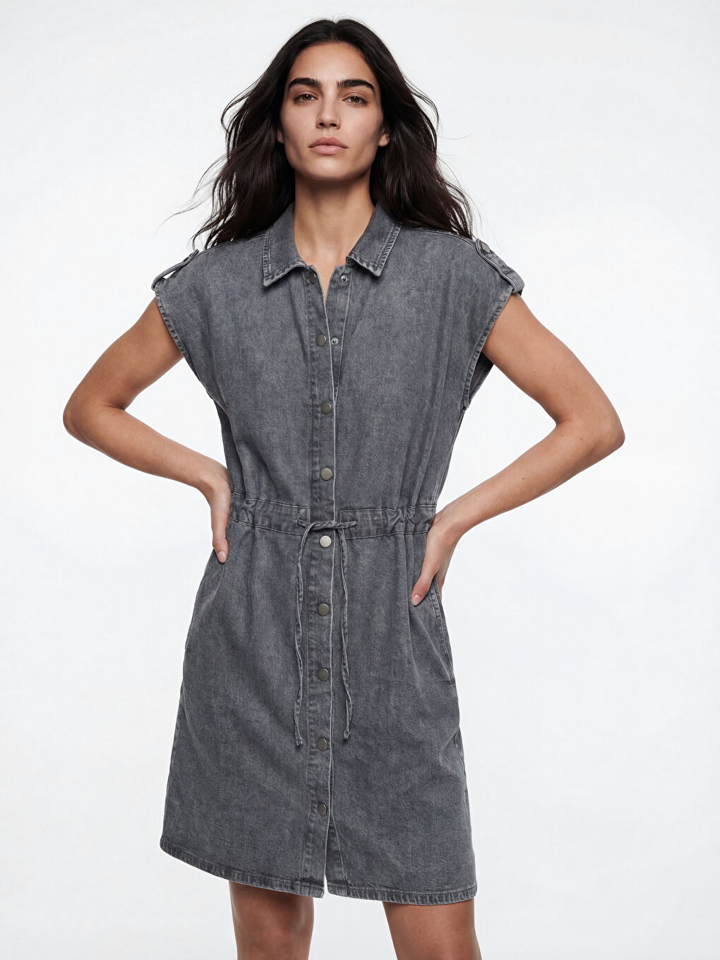 Antrasit Gömlek Yaka Mini Jean Elbise-1