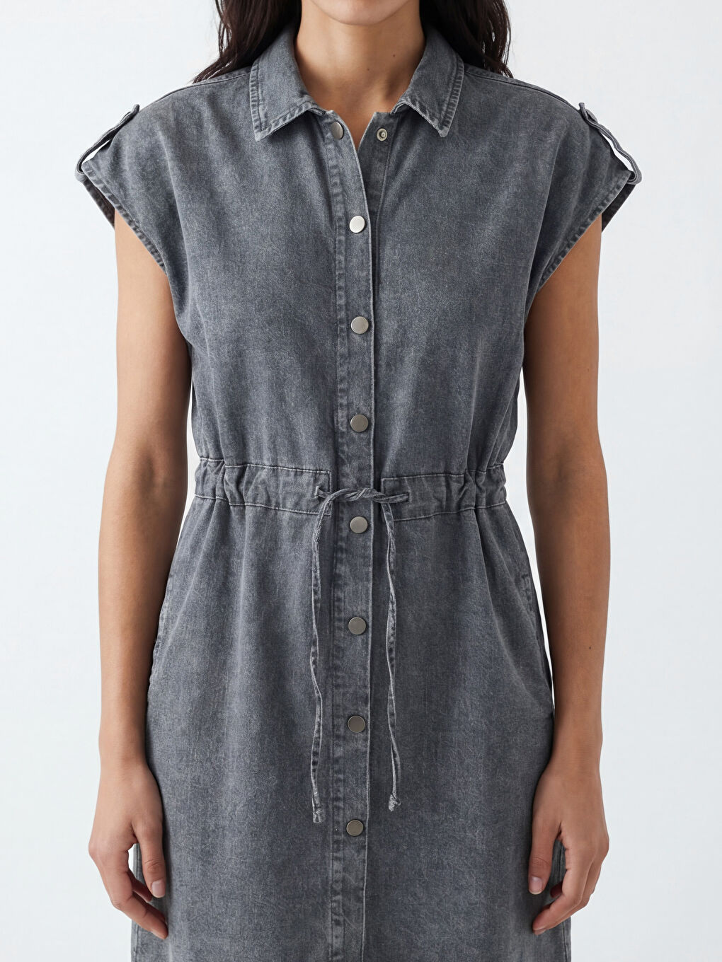 Antrasit Gömlek Yaka Mini Jean Elbise-2