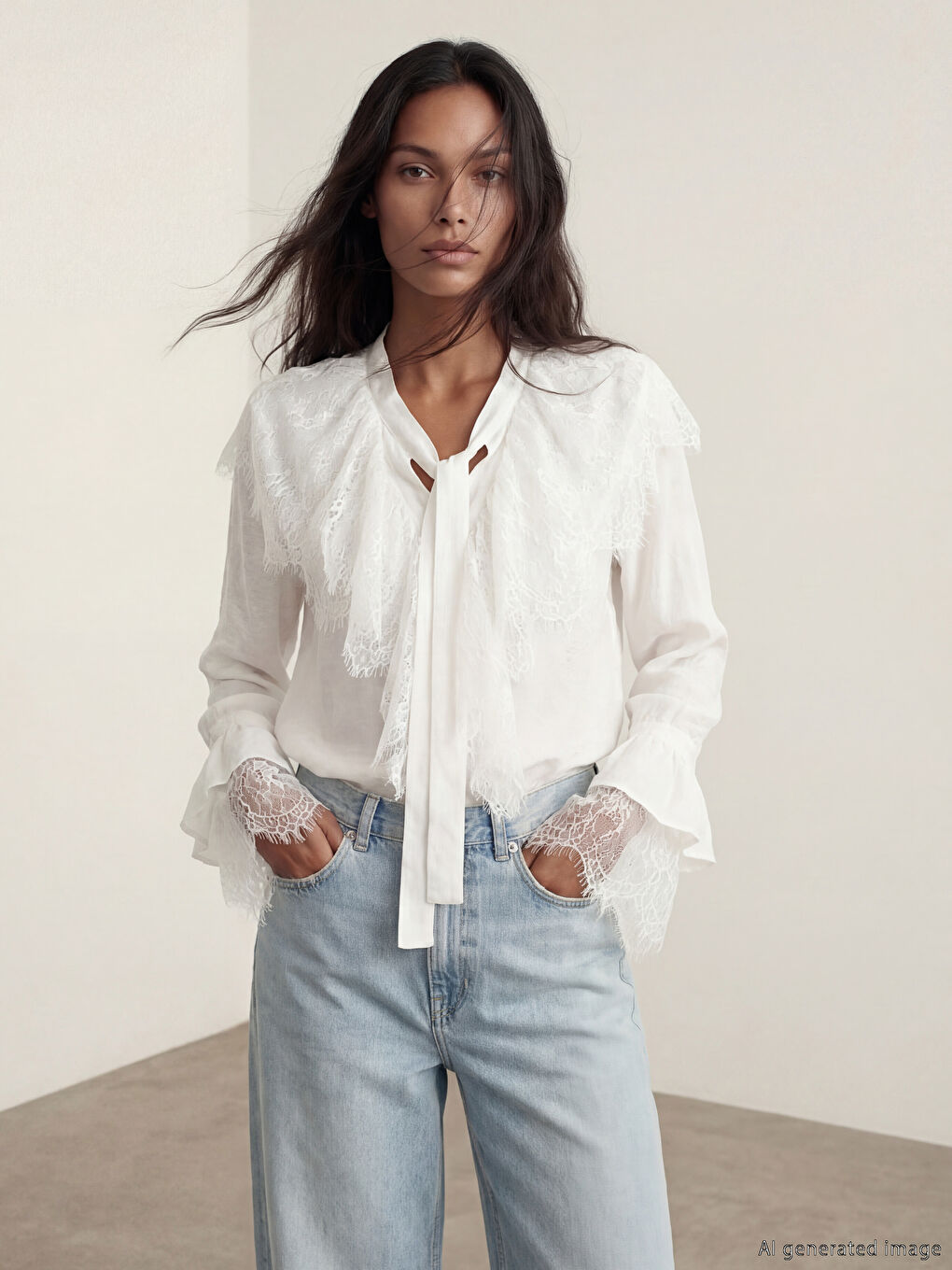 Beyaz Bağlamalı Yaka Dantelli Fırfırlı Bluz