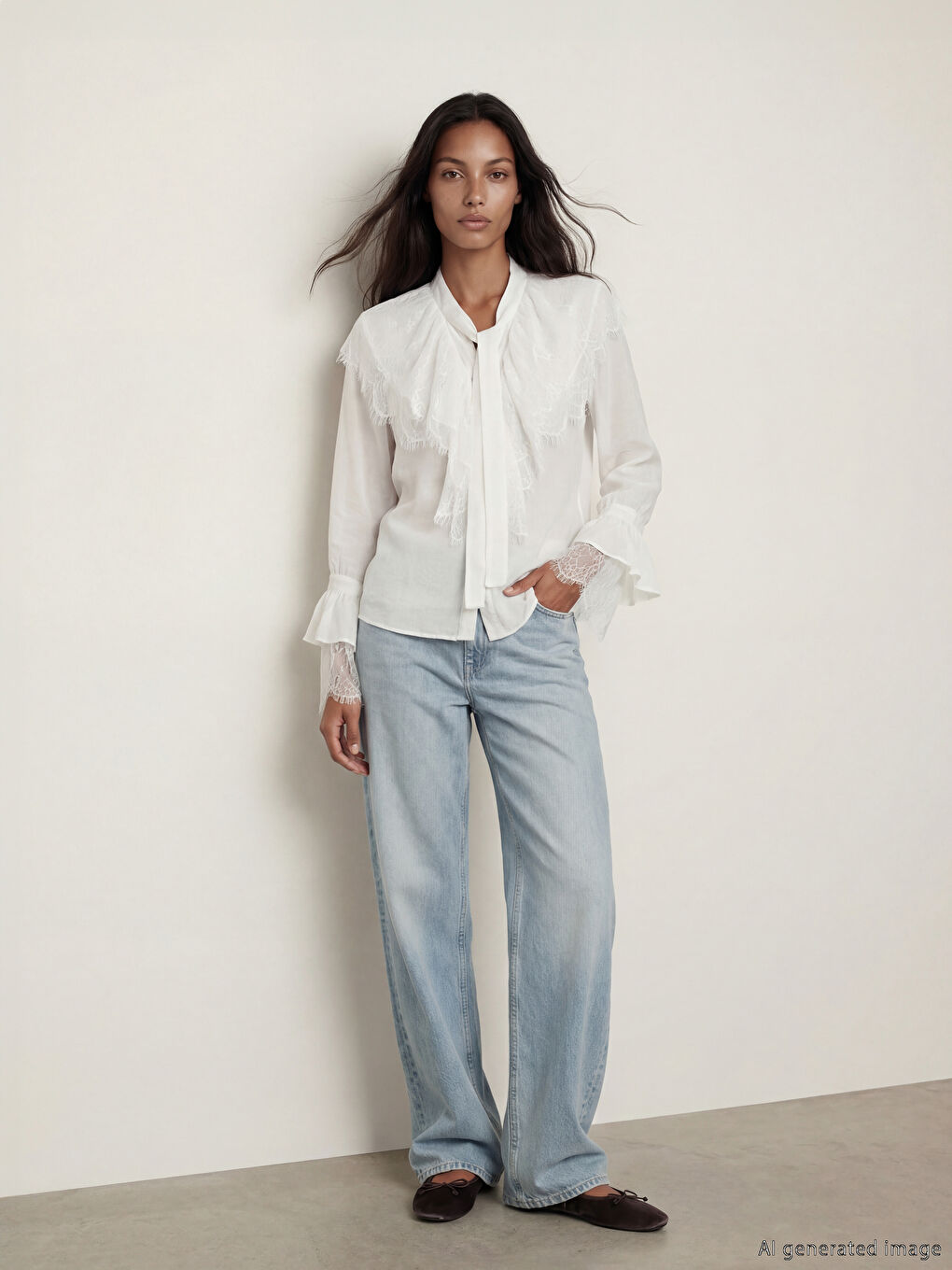 Beyaz Bağlamalı Yaka Dantelli Fırfırlı Bluz-1