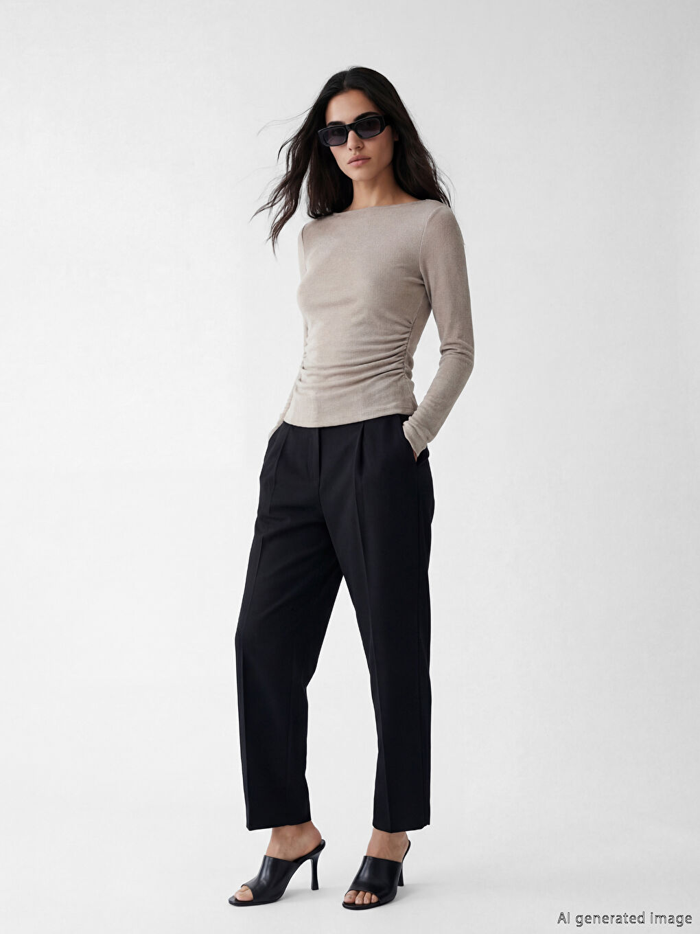 Gri Kayık Yaka Büzgülü Bluz-1