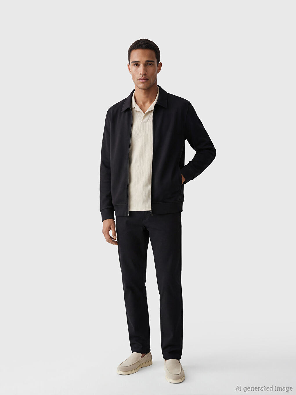 Siyah Polo Yaka Erkek Fermuarlı Sweatshirt-1