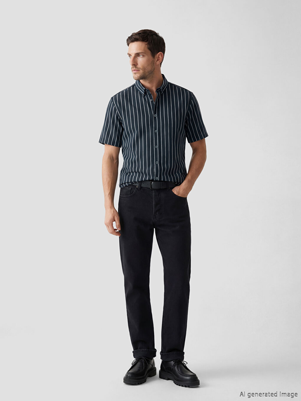 Lacivert Regular Fit Kısa Kollu Çizgili Erkek Gömlek-1
