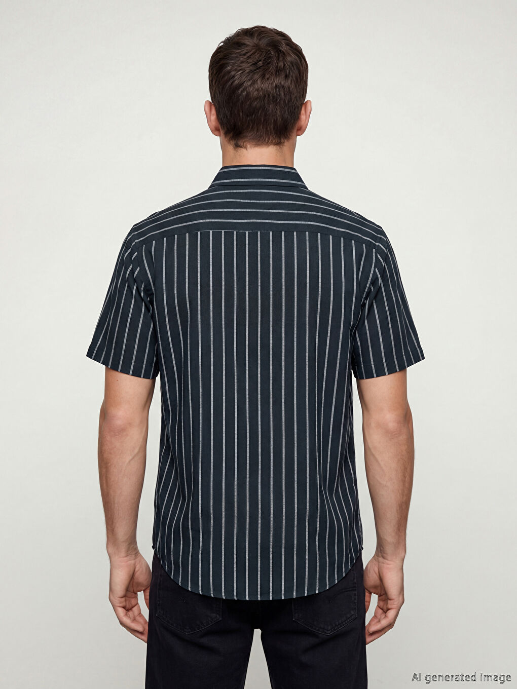 Lacivert Regular Fit Kısa Kollu Çizgili Erkek Gömlek-3