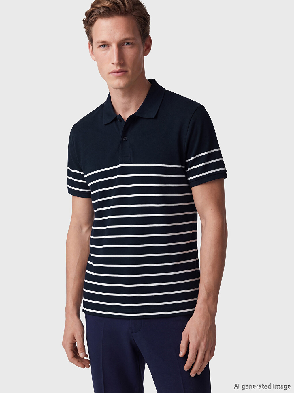 Lacivert Polo Yaka Çizgili Pike Erkek Tişört
