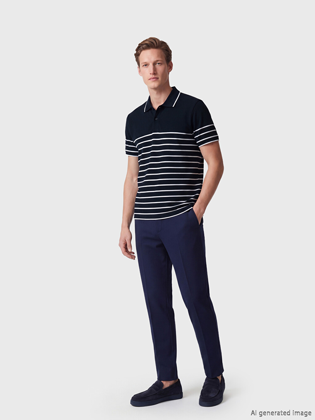Lacivert Polo Yaka Çizgili Pike Erkek Tişört-1