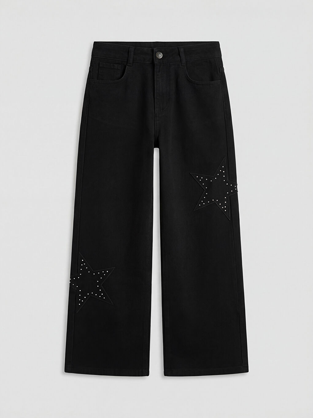 Siyah Wideleg Taşlı Kız Çocuk Gabardin Pantolon