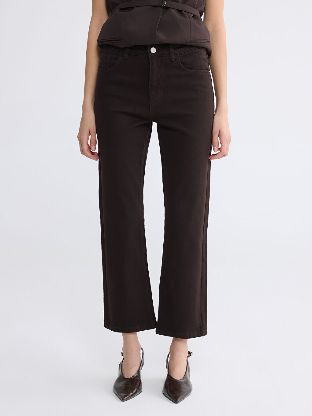 Kahverengi Yüksek Bel Crop Flare Kadın Jean Pantolon-1