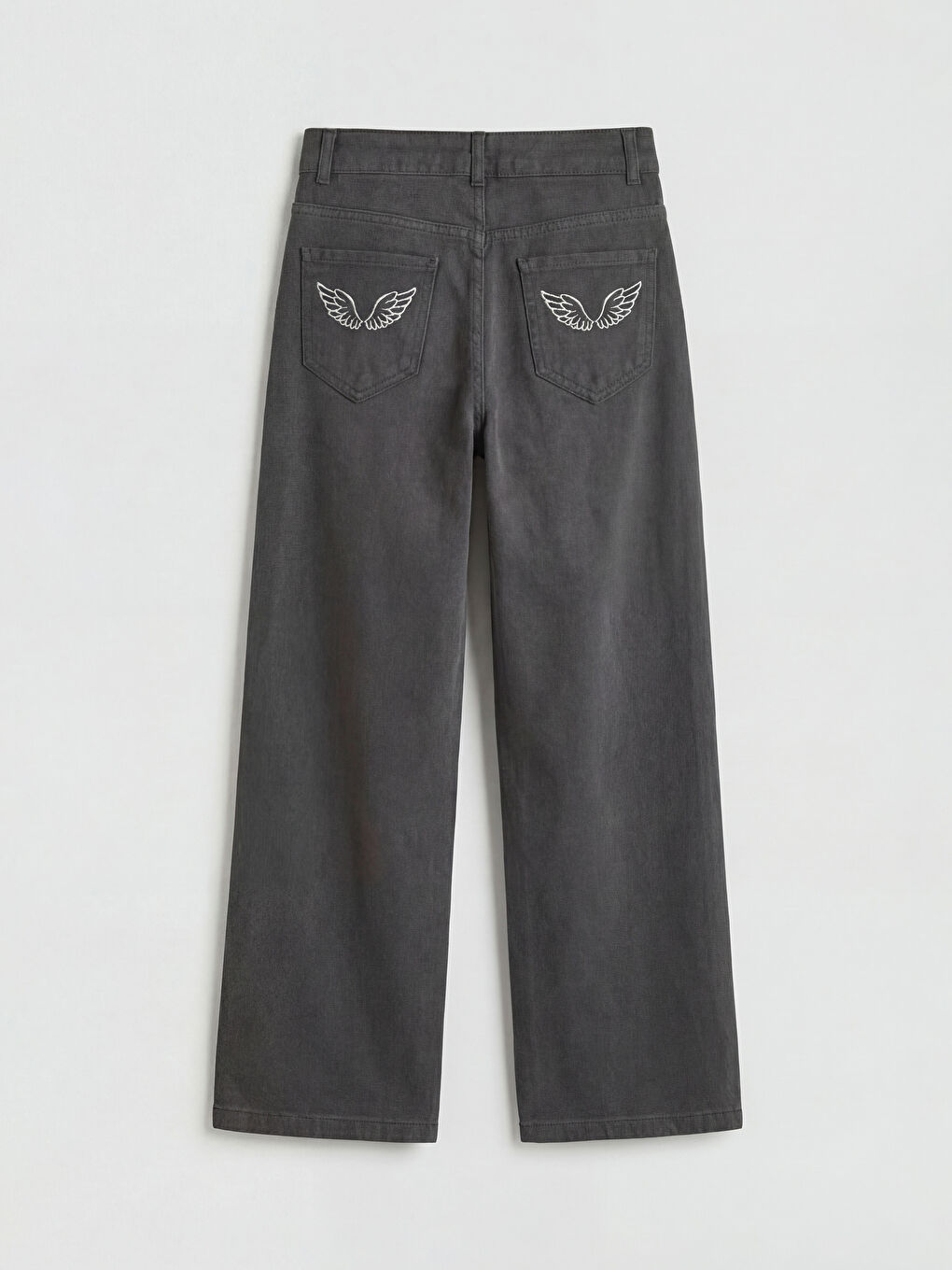 Gri Wideleg Nakışlı Kız Çocuk Gabardin Pantolon-1