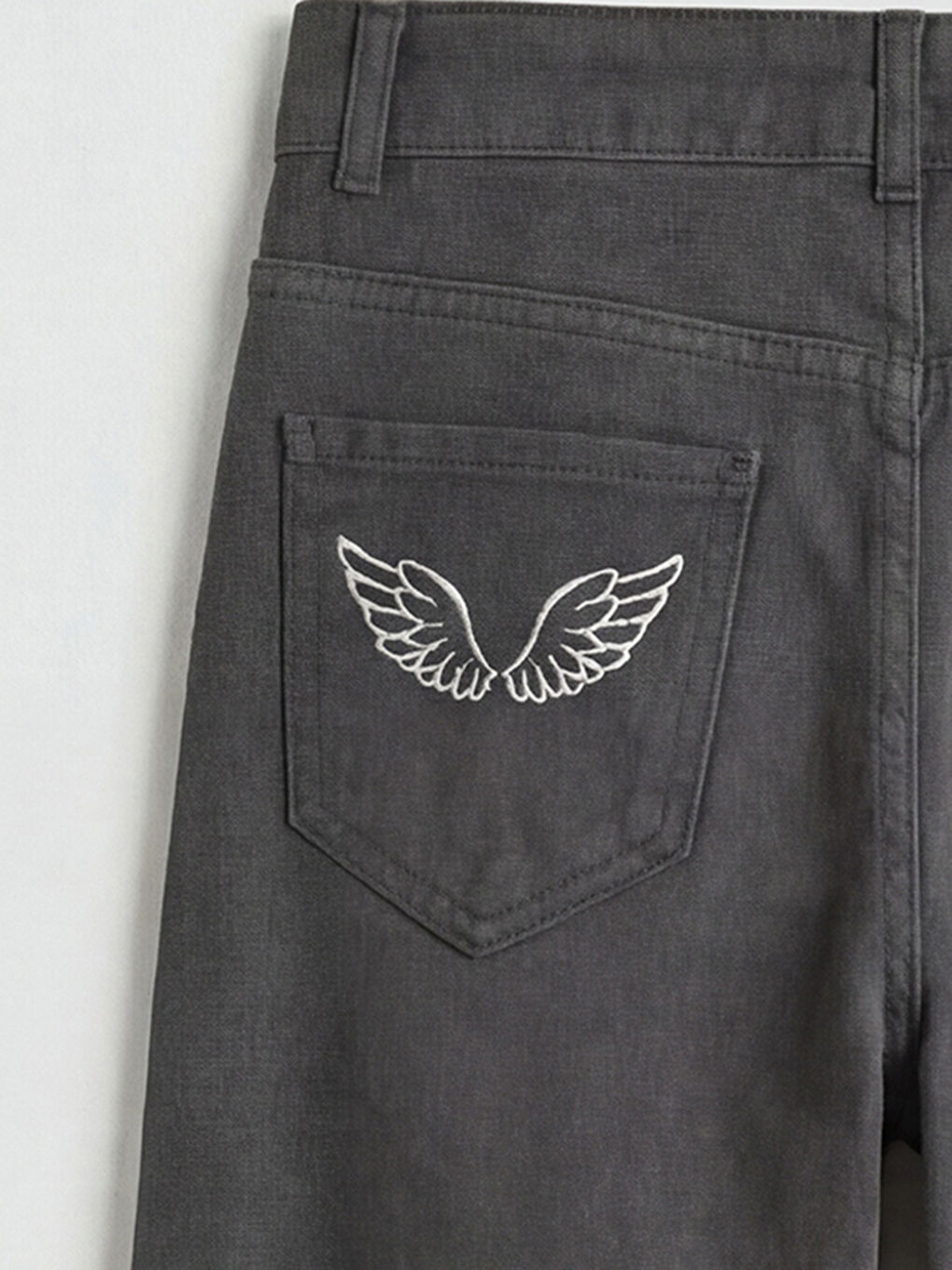 Gri Wideleg Nakışlı Kız Çocuk Gabardin Pantolon-3