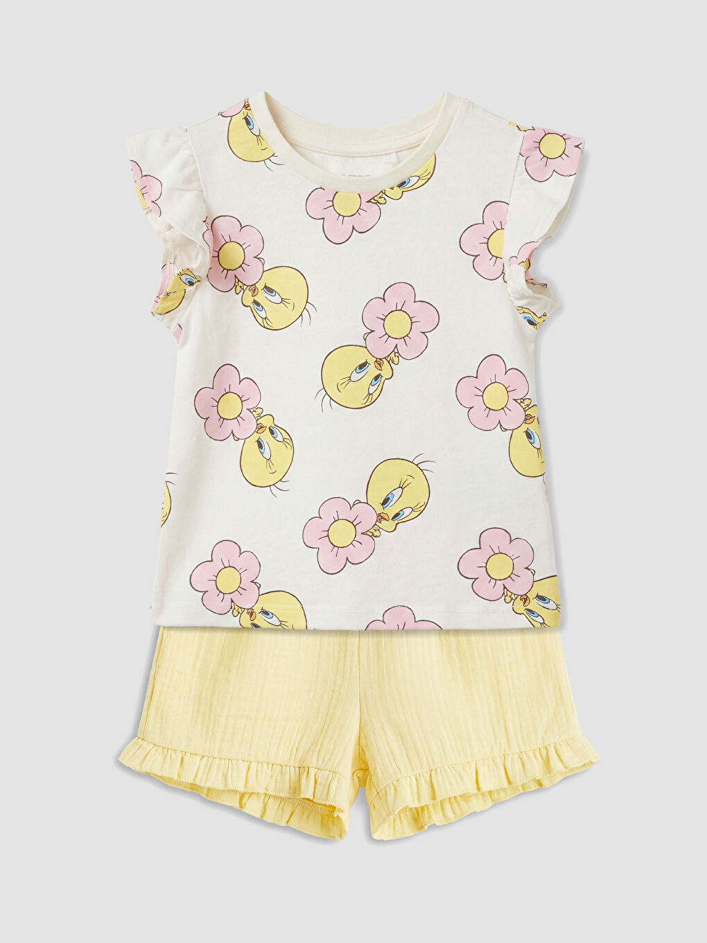 Ekru Tweety Baskılı Kız Bebek Şort ve Tişört