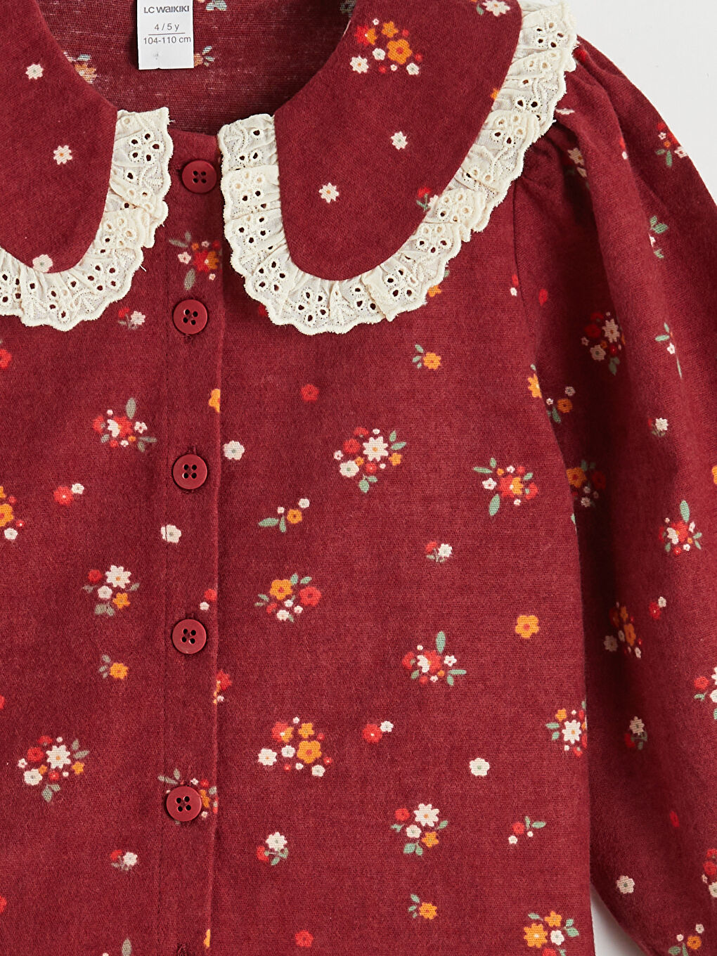 Kırmızı Çiçek Baskılı Bebe Yaka Kız Çocuk Gömlek-2