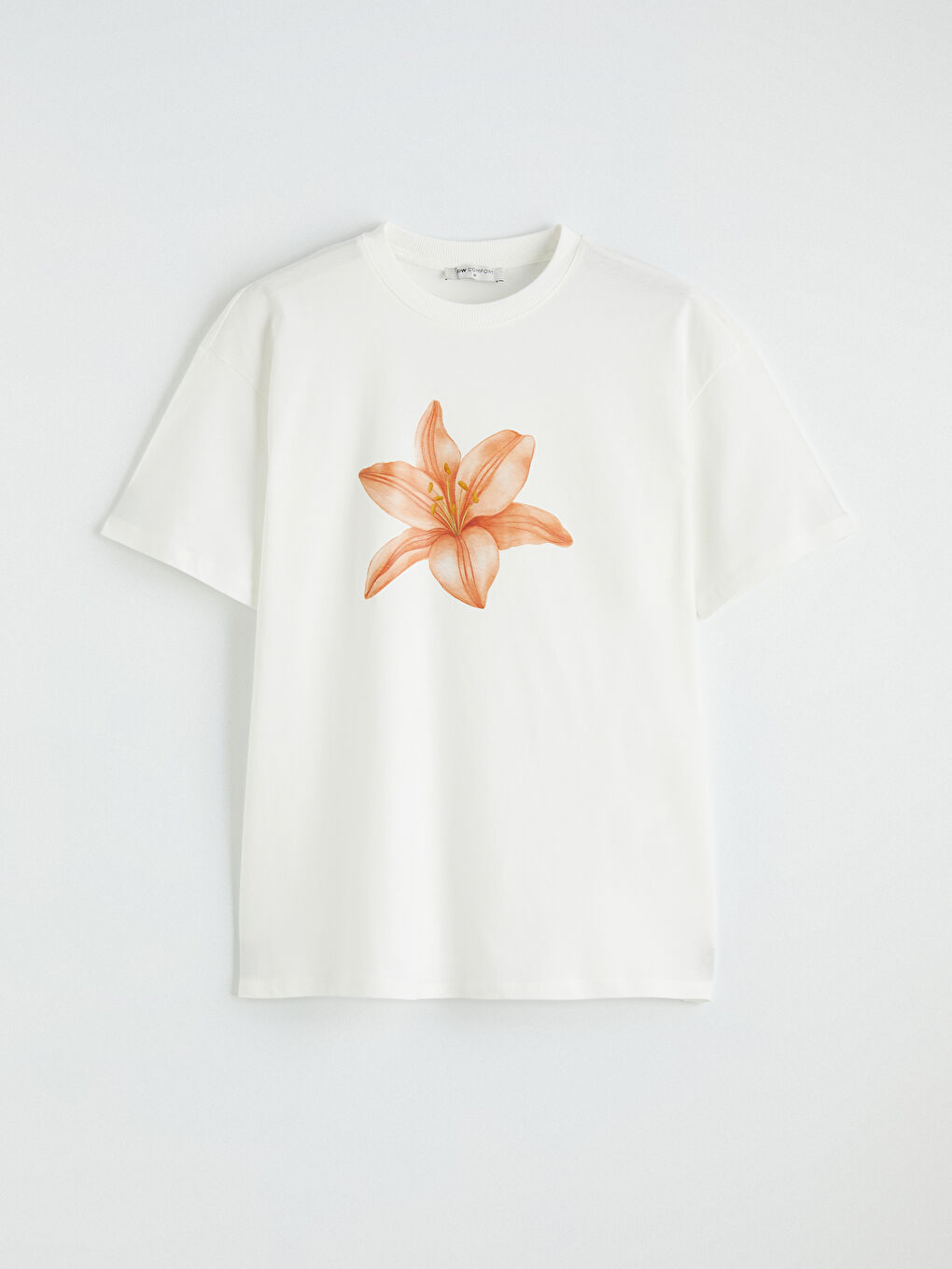Ekru Bisiklet Yaka Çiçek Baskılı Kadın Tişört