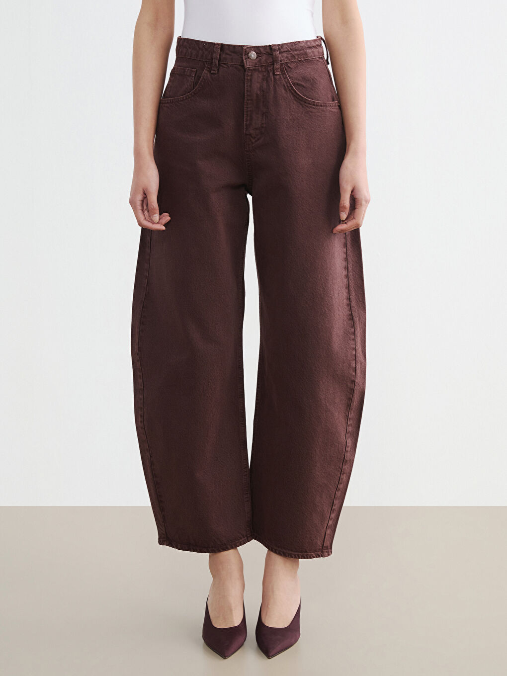 Bordo Barrel Fit Kadın Jean Pantolon-1