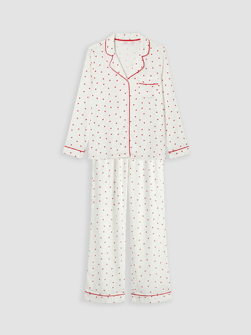 Ekru Gömlek Yaka Kalp Desenli Kadın Pijama Takım