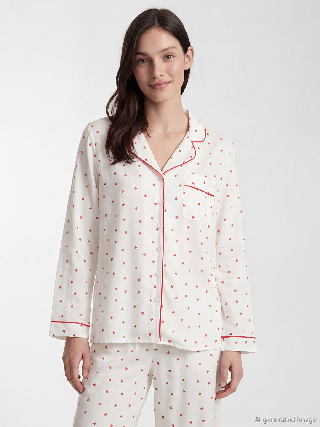 Ekru Gömlek Yaka Kalp Desenli Kadın Pijama Takım