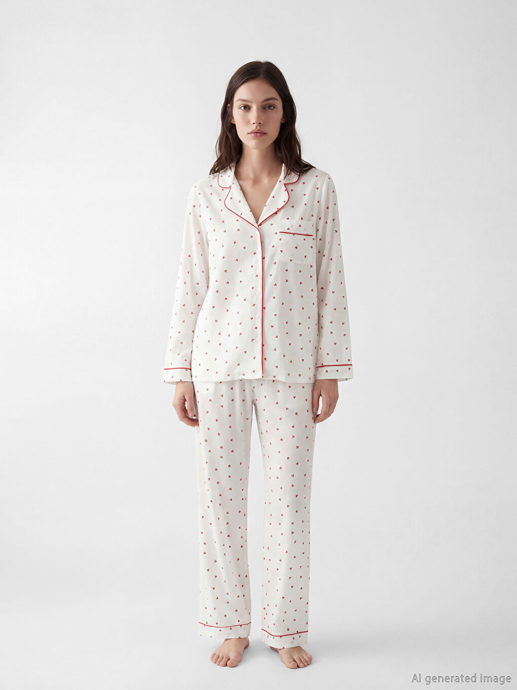 Ekru Gömlek Yaka Kalp Desenli Kadın Pijama Takım-1