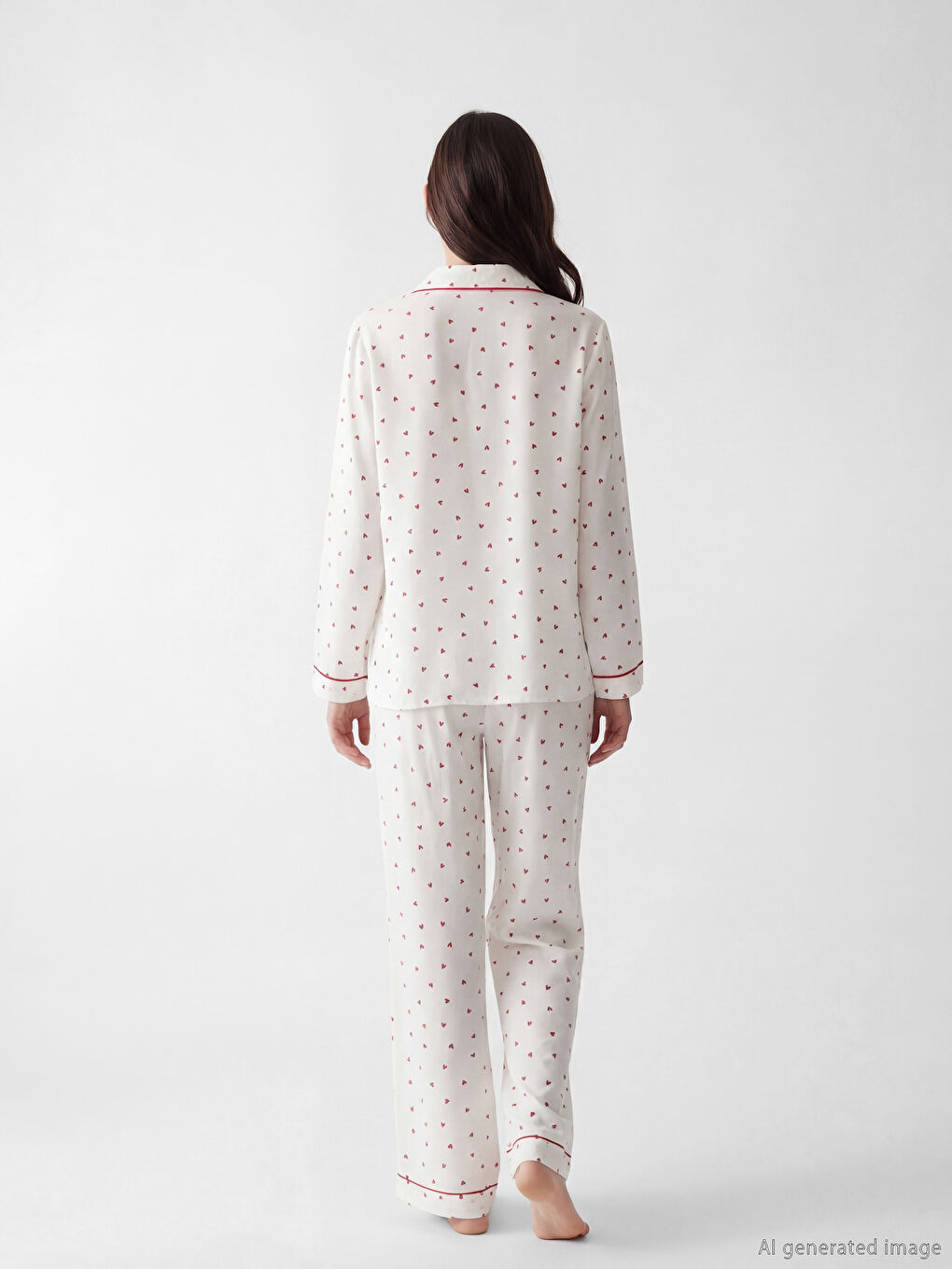 Ekru Gömlek Yaka Kalp Desenli Kadın Pijama Takım-3