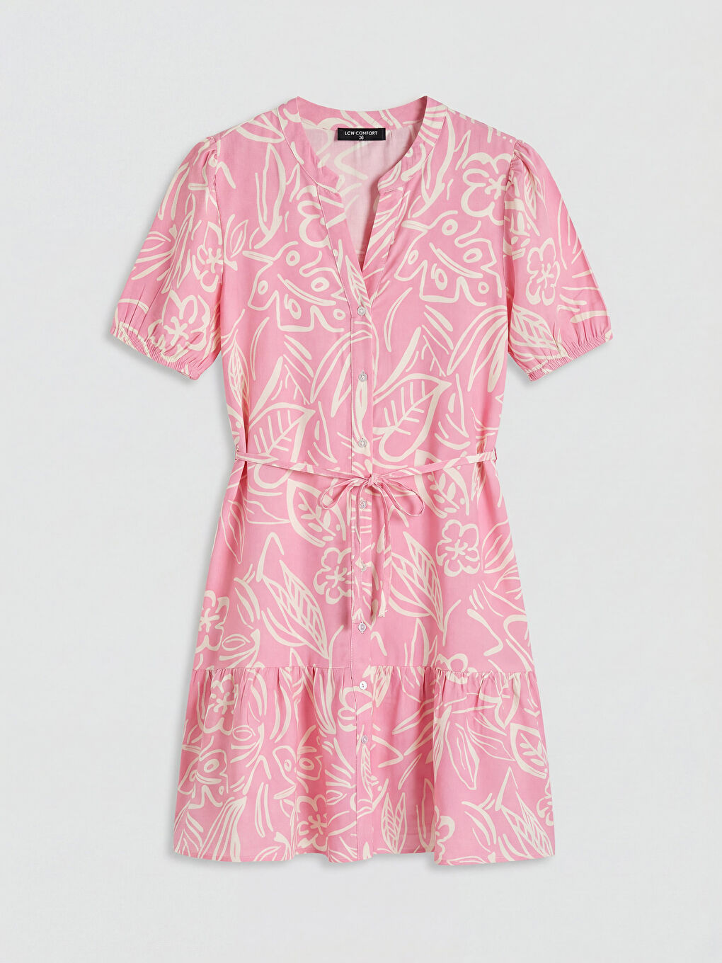 Pembe Kaçık Yaka Beli Kuşaklı Elbise