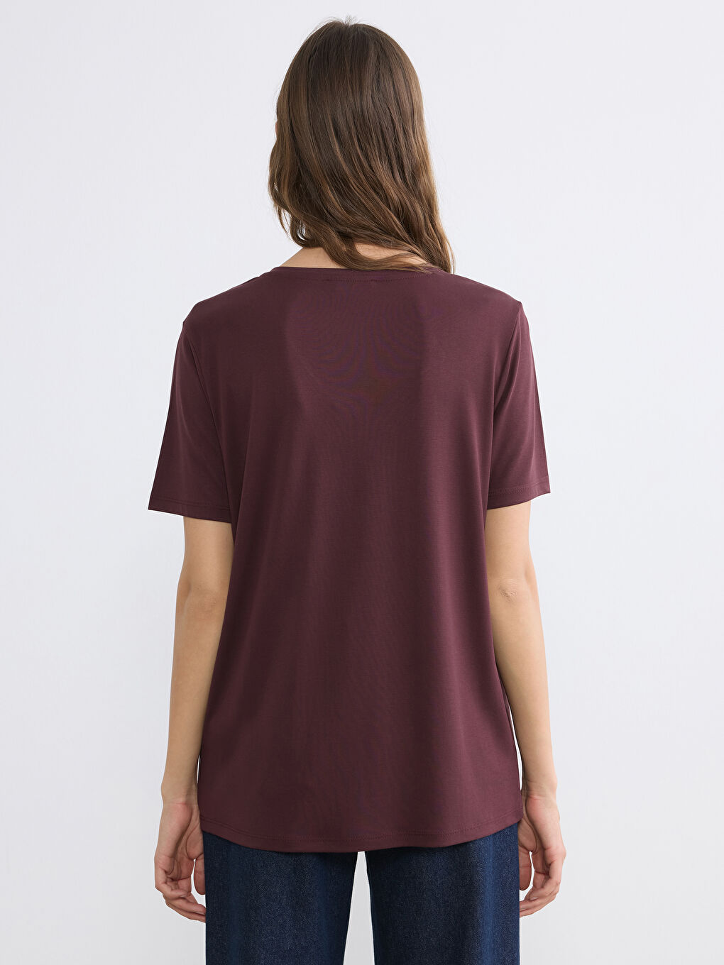 Mürdüm V Yaka Kadın Tişört	-3