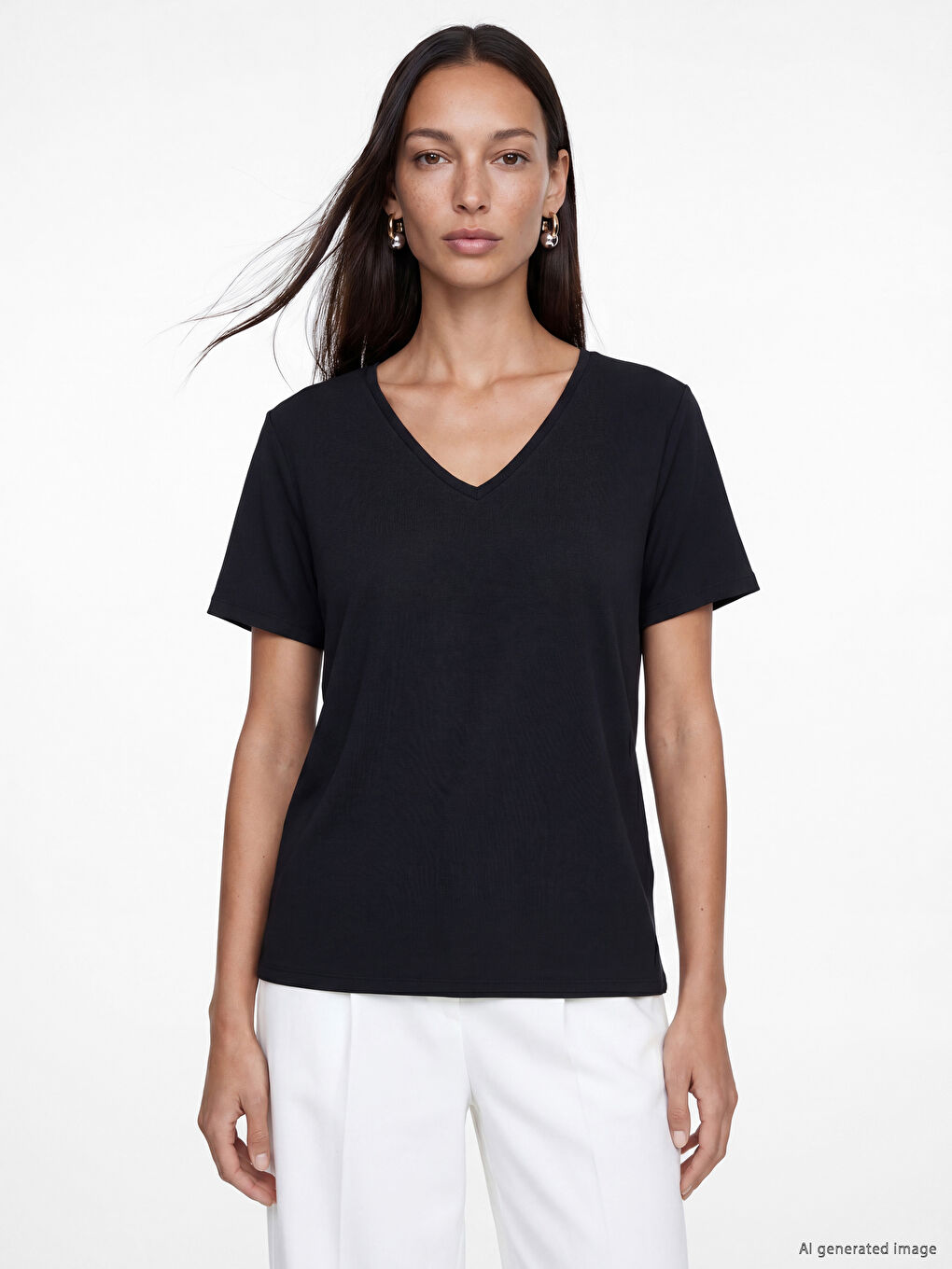 Siyah V Yaka Kadın Tişört	-1