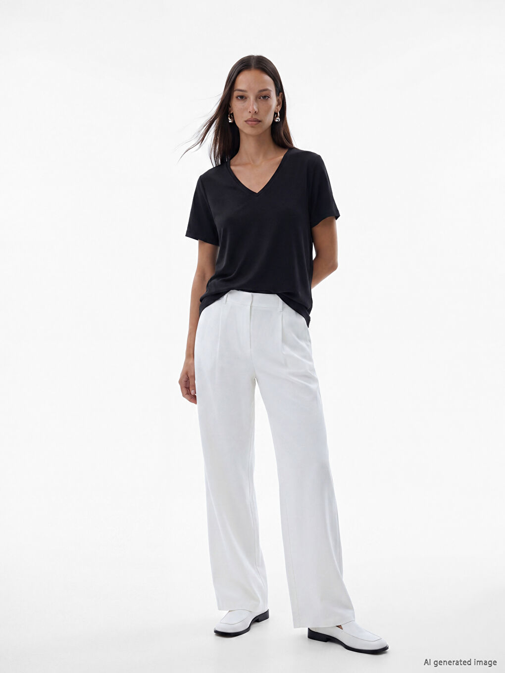 Siyah V Yaka Kadın Tişört	-2