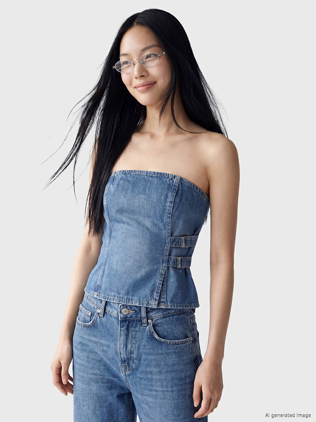 İndigo Straplez Yaka Jean Bluz