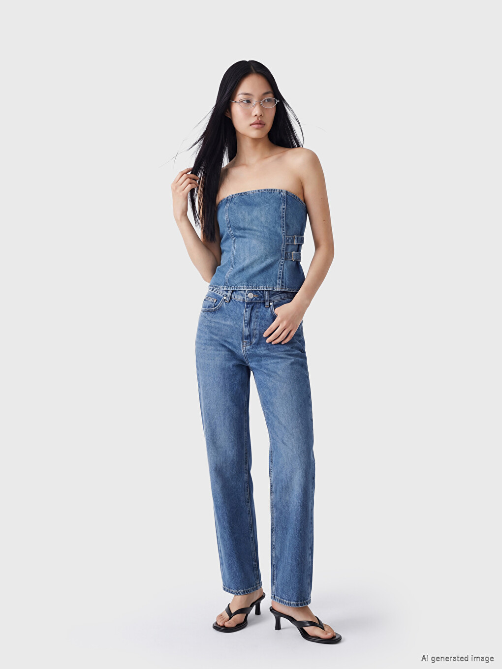 İndigo Straplez Yaka Jean Bluz-1