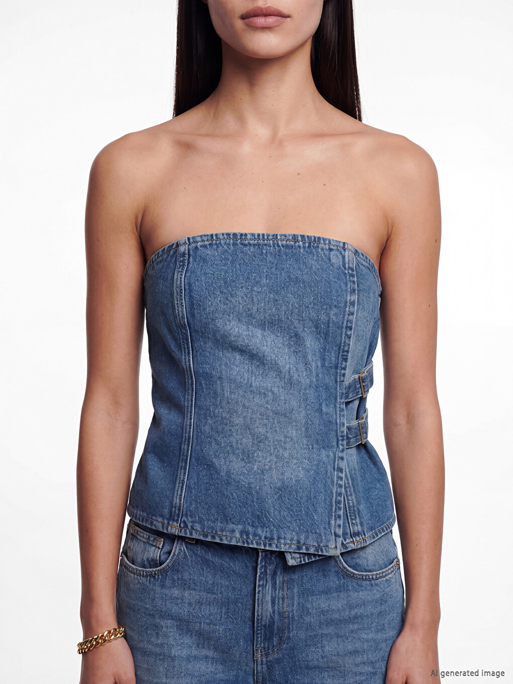 İndigo Straplez Yaka Jean Bluz-2