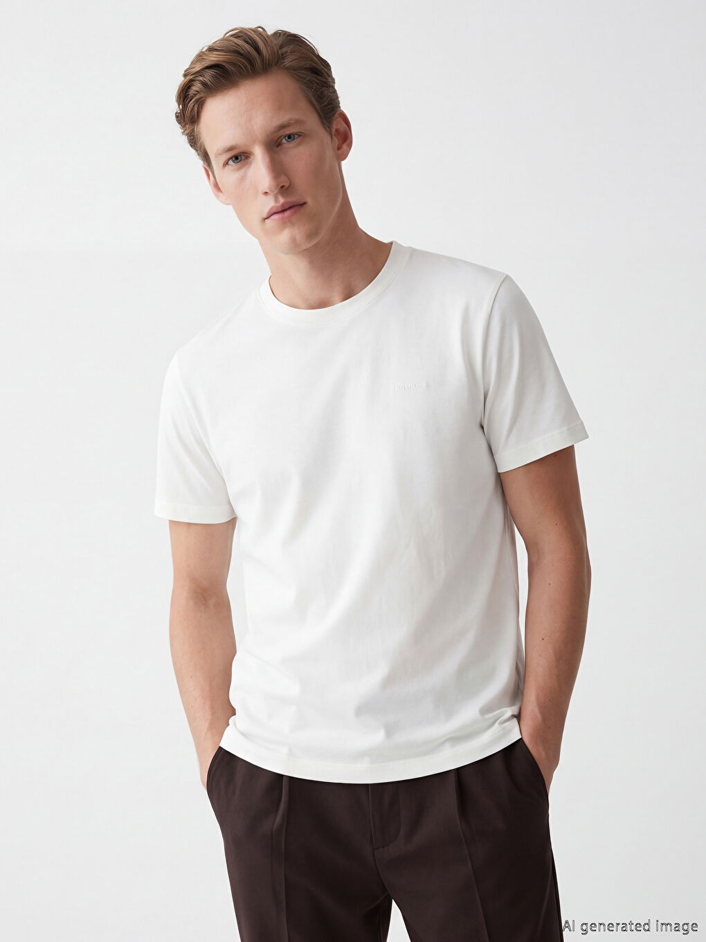 Ekru %100 Pamuk Regular Fit Basic Kalın Tişört