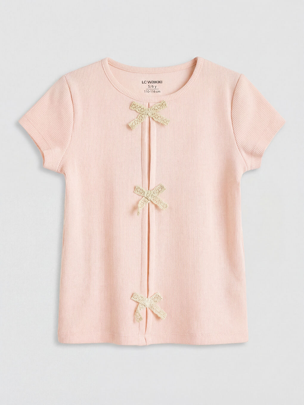 Pembe Bisiklet Yaka Fiyonk Detaylı Kız Çocuk Tişört