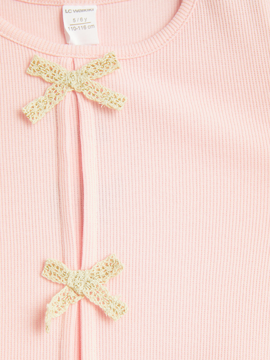 Pembe Bisiklet Yaka Fiyonk Detaylı Kız Çocuk Tişört-2