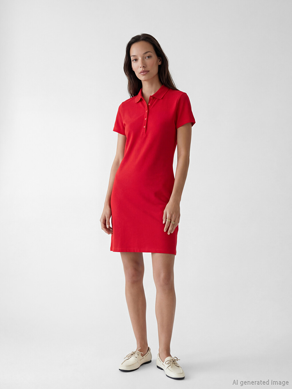 Kırmızı Polo Yaka Pike Mini Elbise
