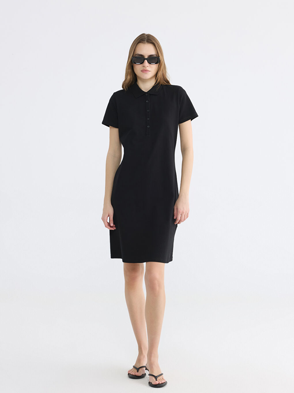 Siyah Polo Yaka Pike Mini Elbise