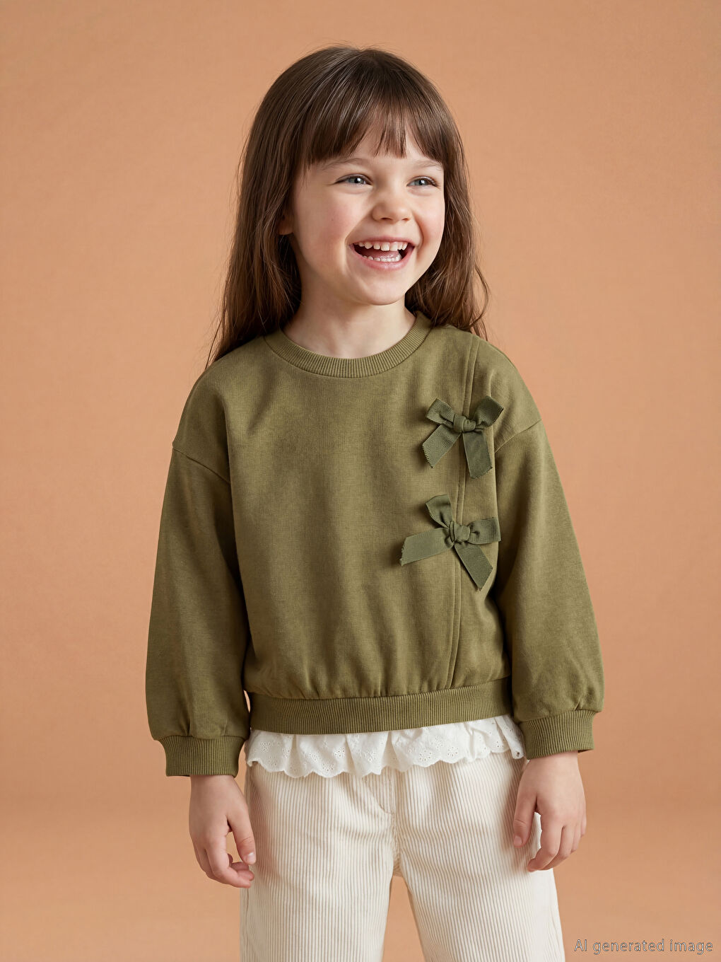 Haki Fiyonk Detaylı Kız Çocuk Sweatshirt