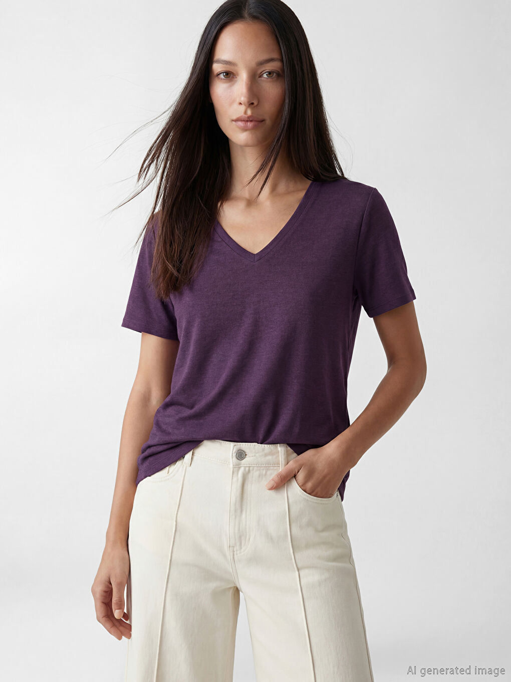 Mor V Yaka Kadın Tişört