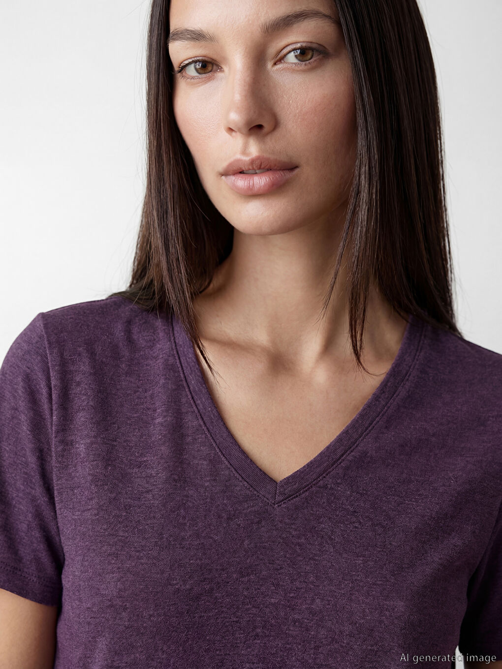 Mor V Yaka Kadın Tişört-2