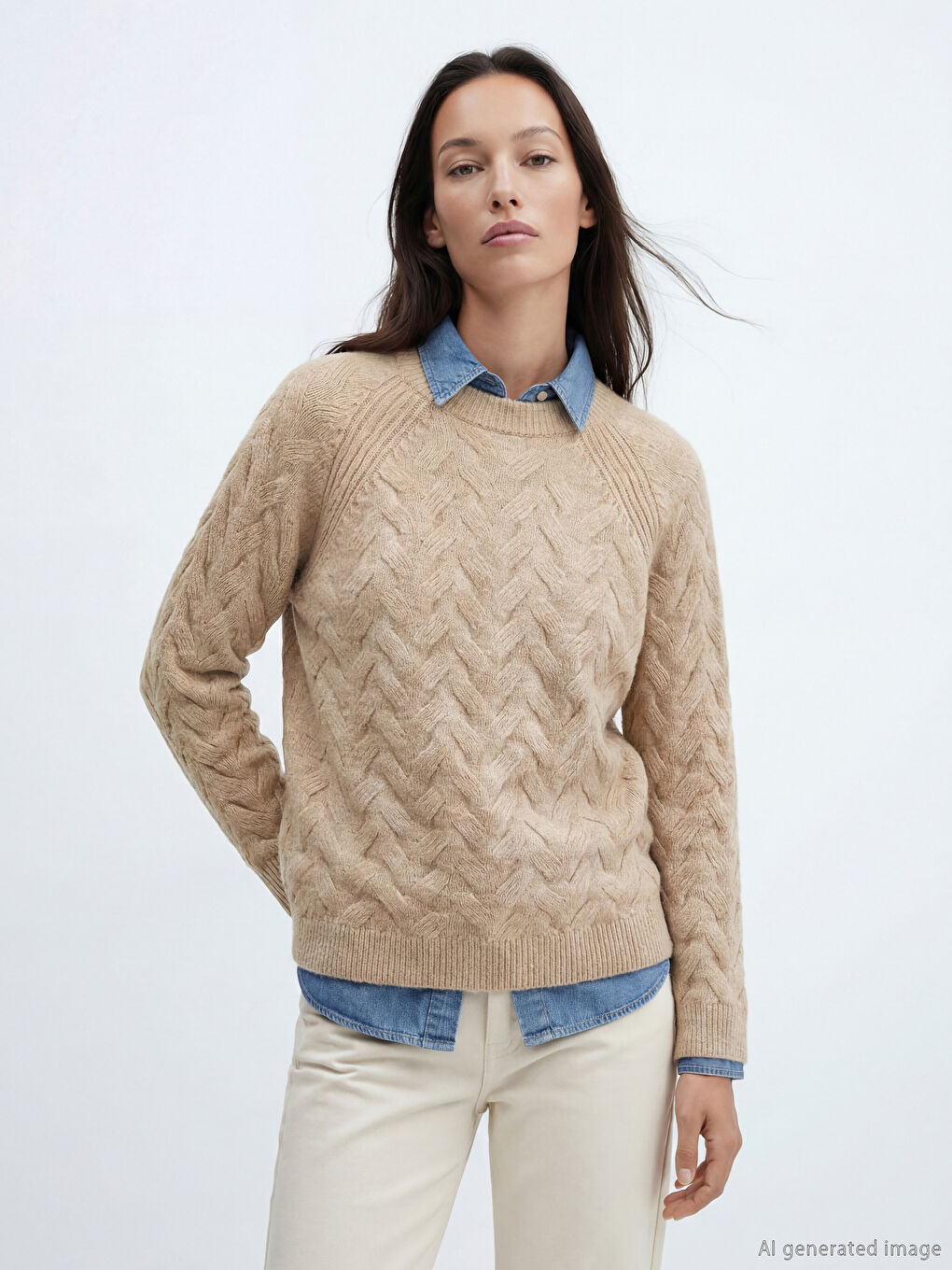 Bej Bisiklet Yaka Kendinden Desenli Kadın Triko Kazak