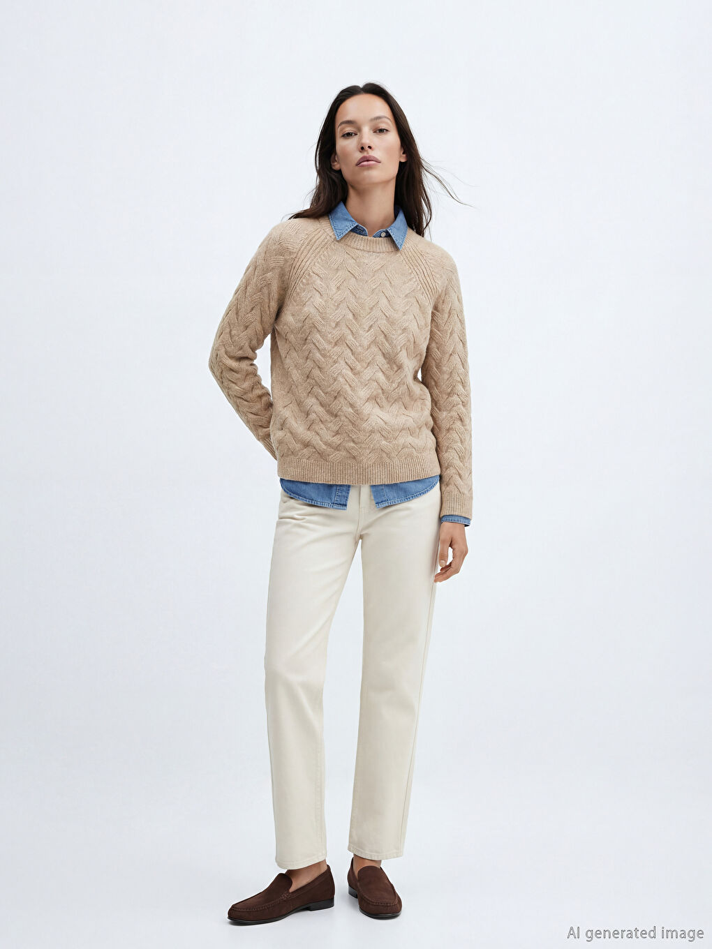 Bej Bisiklet Yaka Kendinden Desenli Kadın Triko Kazak-1