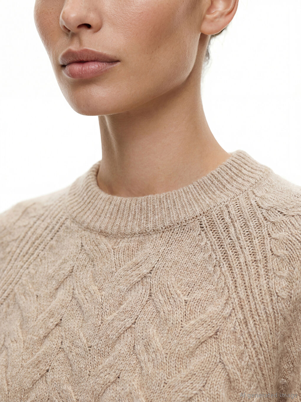 Bej Bisiklet Yaka Kendinden Desenli Kadın Triko Kazak-2