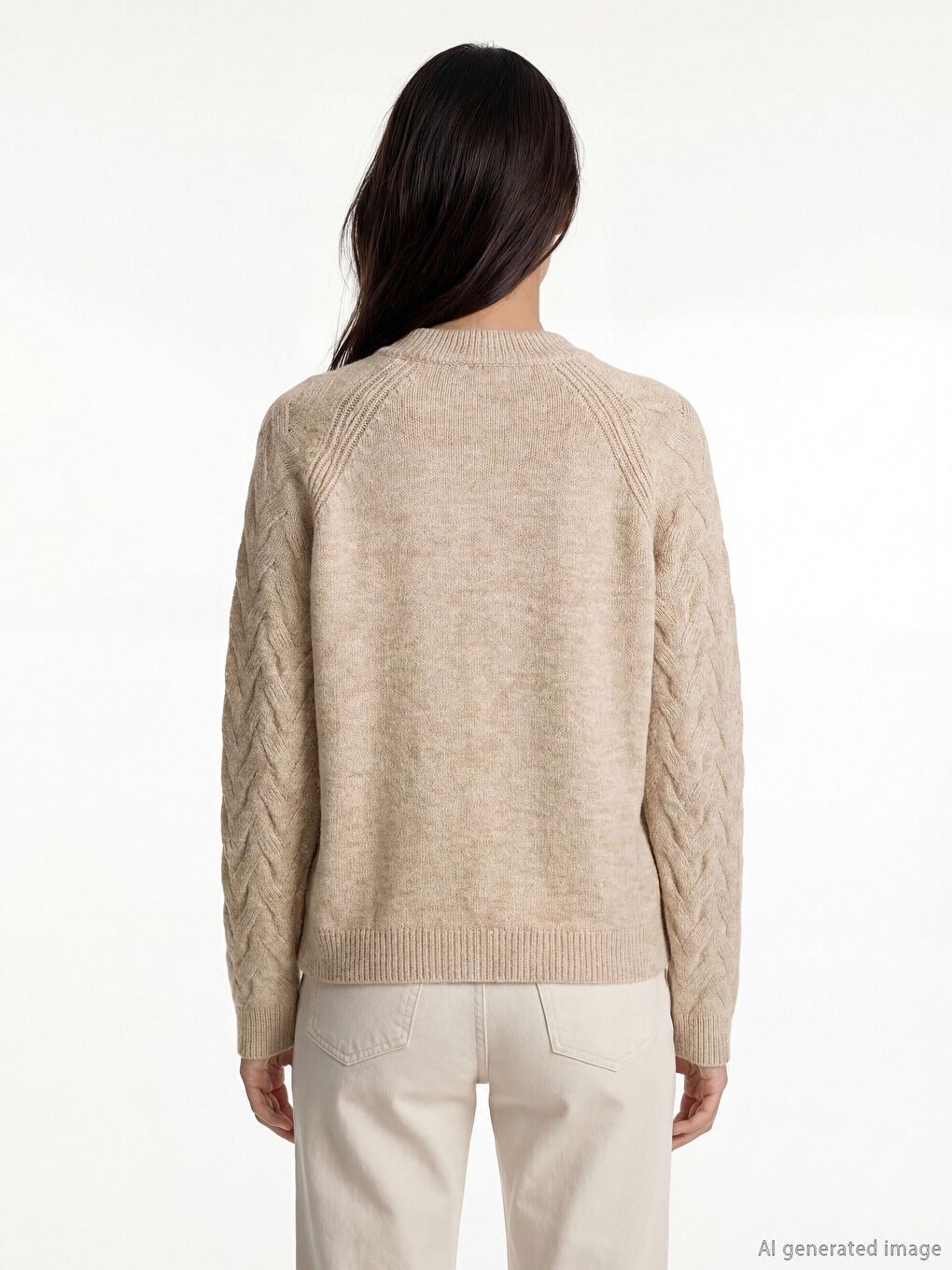 Bej Bisiklet Yaka Kendinden Desenli Kadın Triko Kazak-3