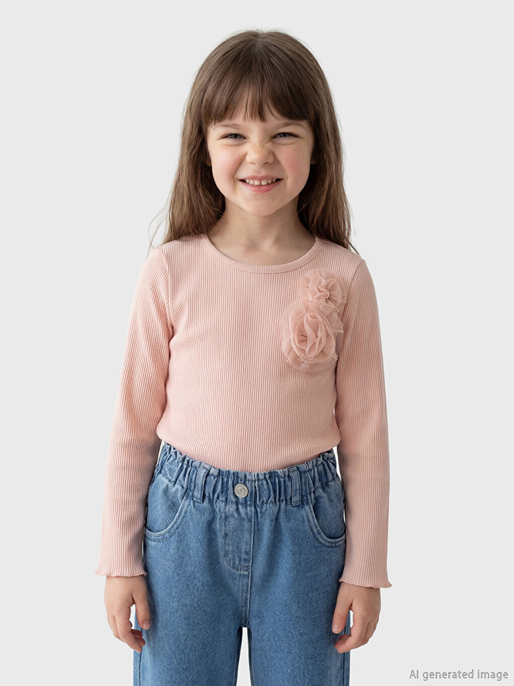 Pembe Çiçek Aplikeli Fitilli Kız Çocuk Tişört-1