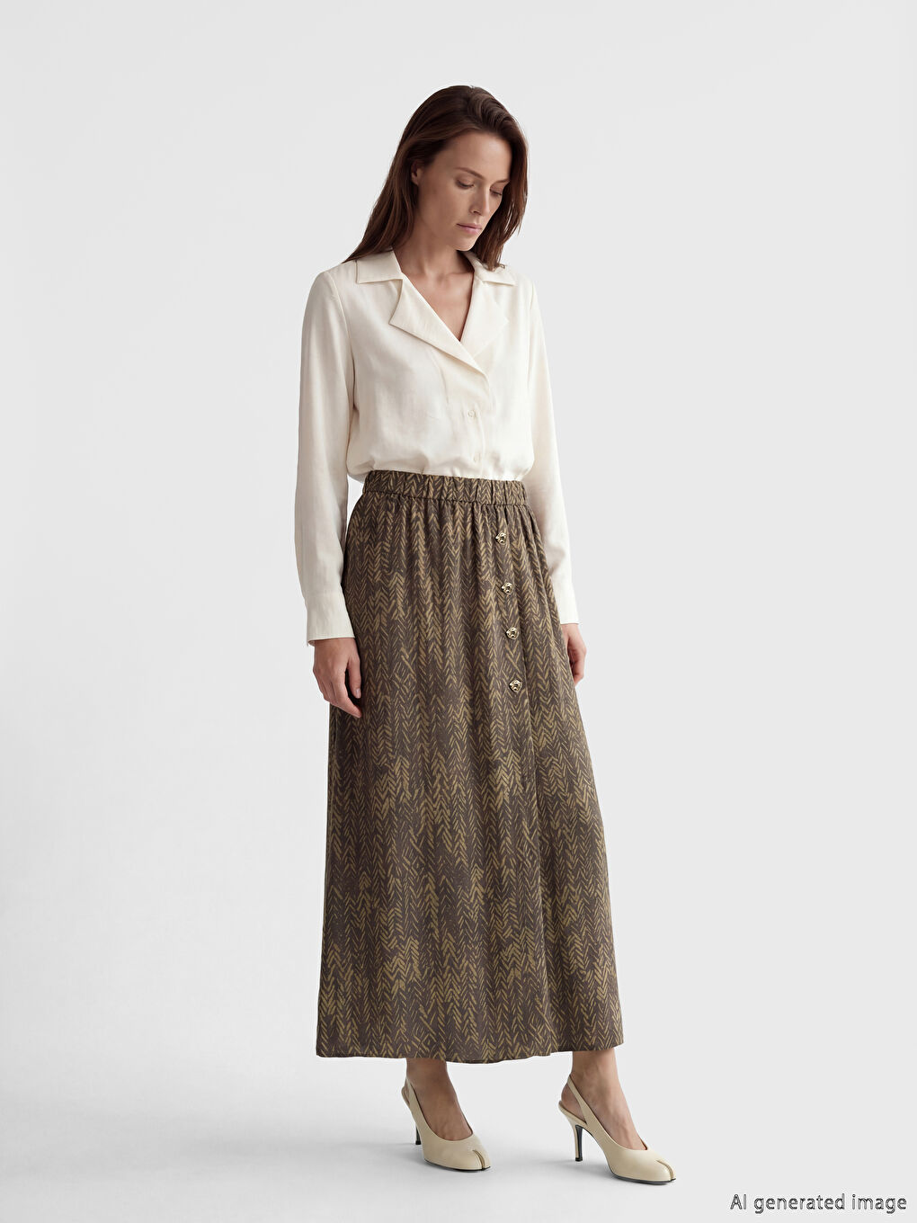 Kahverengi Beli Lastikli Desenli Belmando Kloş Etek