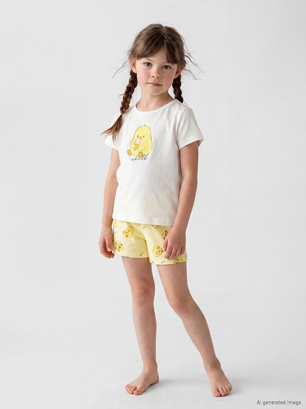 Ekru Civciv Baskılı Kız Çocuk Pijama Takım