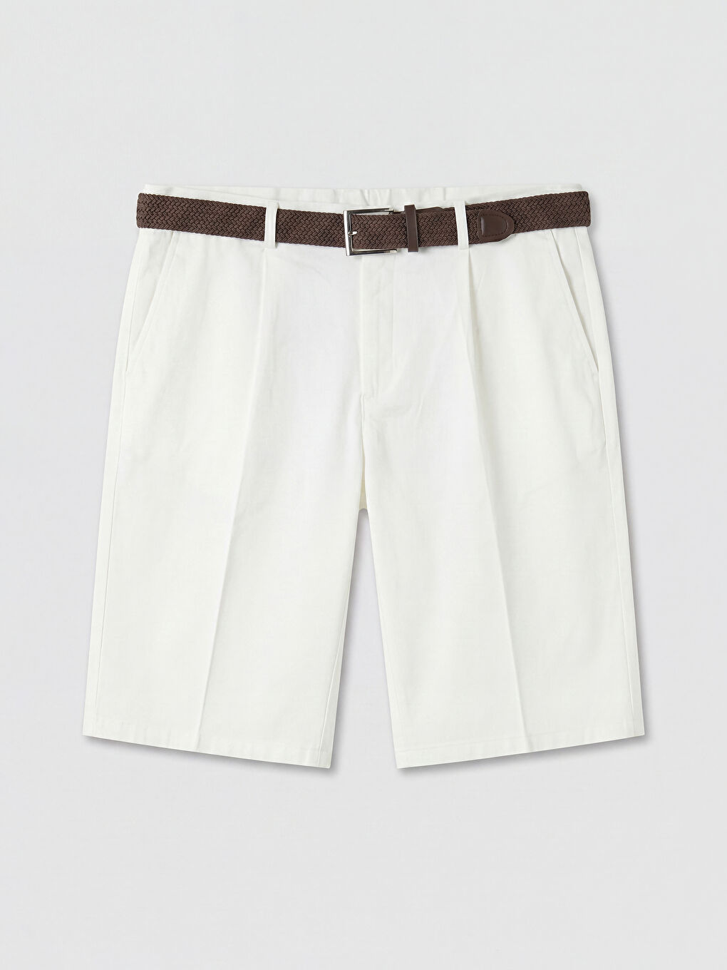 Ekru Loose Fit Kemerli Erkek Pileli  Şort