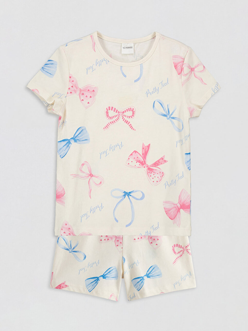 Ekru Bisiklet Yaka Kız Çocuk Baskılı Şortlu Pijama Takımı