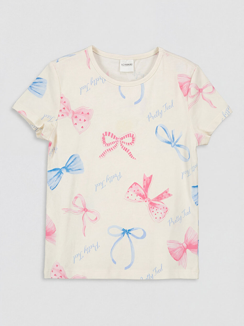 Ekru Bisiklet Yaka Kız Çocuk Baskılı Şortlu Pijama Takımı-1